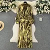 Vestidos casuais 2024 Design Design Autumn Pleated Lace Up Waist Slim Shirt Dress for Women Evening Party Prule Gold Sparkling Long Prom