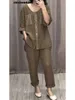 Frauen zwei Stück Hosen Frühling Sommer Casual Pailla Two-Stück Set Women Fashion V-Ausschnitt Button Pocket Pocket Shirt Weitbein Hosen zweiteilige Frauen Y240426