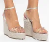 PVC Patchwork Rhinestones Diamonds Straw Wedge Sandals Open Toe Silver Gold Leopard High Rope Platform Wedges Party Heels 240423