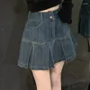 Etekler Vintage Kadınlar Mini Denim Pileli Tasarım All-Mwatch Yaz Genç Kızlar Moda Kore Tarzı Günlük Faldas