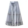 Skirts Chinese Vintage Printed One-Piece Wrap A-line Maxi Long Pleated Satin