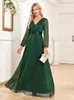 Runway Dresses Womens Elegant New V Neck Shiny Chiffon Evening Clow a Line Long Slve Wedding Bridesmaid Dress Party Dresses Women Evening Y240426