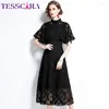 Robes de fête Tesscara Femmes Été Elegant Lace Robe Festa High Quality Office Robe Femme Runway Vintage Designer Black Vestidos