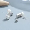 Studörhängen 925 Sterling Silver Square Zircon Pearl Thread Ear Studs Women's Simple and Fashionable Earbone Exquisite Ornaments