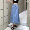 Skirts Korean Style Denim Long Skirt Autumn 2024 A Line High Waist Midi Women Blue Elegant Chic Patchwork Striped Winter
