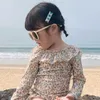 One-Pieces Girls Swim Suit Ruffle Collar Girls One Piece Floral ldrens and Girls Swimsuits H240509