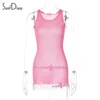 Casual jurken soefdioo gebreide patchwork kwastjes roze jurk vrouwen schattige verbluffende mouwloze o-neck bodycon mini 2024 summr feest clubkleding