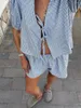 Kvinnors spårningsdräkter Plaid Outfit Loose V Neck Puff Sleeve Front-bindning Toppar Elastiska midjeshorts 2-stycken Summer Set