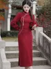 Casual Dresses Women Red Lace Plus Velvet Thick Warm Long Dress Autumn Winter Luxury Elegant Festival 2024 Korean Party And Events