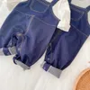 Rompers 2024 ملابس حديثي الولادة الخريف حزام طويل الأكمام الدنيم Baby Rompers H240509