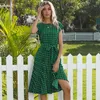 Summer hot selling Women dresses Mid-length skirt short sleeve Yellow blue green pink red black lace up polka dot pleated dress