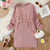 Girl's Dresses Kid Girl Solid Color Turtleneck Belted Long-sleeve Dress (Bag is not included) Perfect for Outings and Daily WearL2404