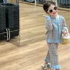 Clothing Sets 2024 Spring Children's Wear Girls' Checkered Knitted Sweater 3-piece Tank Top Wooden Ear Edge Trouser Set Clothes Girls