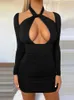 Lässige Kleider Celmia Frauen sexy hohle Brust Mini Kleid verdrehte Halfter Sundress Seite plissierte Langarm Bodycon Short Vestido Party Club