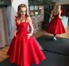 2018 Red Vintage Satin A Line Line HomeComing Dresses Spaghetti Straps Ruched Knee Bow Sash Short Prom Party Cocktail Dresses BA6492803