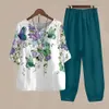 Women's Two Piece Pants New Summer Two Piece Sets White Floral Print Womens Outfits Elegant Ladies O Neck Loose Short Slve Shirt High Waist Pants Suit Y240426