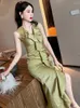 Casual Dresses Summer Women's Maxi Dress Sweet Elegant Satin Green Ruffles V-neck Sleeveless Slit Tuxedo Vestido Party Office Prom Femme