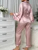 Pyjama simple en satin ensemble Robe à manches longues avec ceinture V Neck Elegant Loungewear Womens Sleepwear 240415