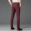 Brand Mens Striped Casual Pants Spring Comfortable Elastic Business Slim Straight British Fashion Trousers Black Khaki Wine Red 240425