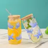 Wine Glasses 16oz Blue Floral Butterfly Pattern With Bamboo Lid Glass Straw Juice Ice Cream Bottle Suitable For Summer Gifts