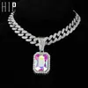Strands HIP Iced Out Square pendant with 13mm Cuban Link chain rhinestone necklace suitable for men and women rapper jewelry 240424