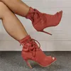 Chaussures habillées sandales rouges bottes peep toe lacet up tallettos femmes mince talon haut été solide pour sandale à la cheville