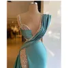 Lace Mint Sexy Turquoise Prom Robes de bal Deep V Illusion Crystal Perles de cristal Sigle Split Floor Longueur Satin Sirène Sermiraine Robes de soirée