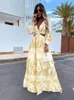 Elegant Womens Dresses Summer Hollow Sexy Print V-Neck Long Sleeve Dress Holiday Beach Lady Vesido Mujer Robe S-XXXL 240415