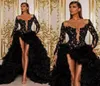 2020 Black Arabic Aso Ebi Prom Dresses Long Sleeve Lace Beaded High Low Celebrity Evening Gowns Illusion Ruffles Formal Party Dres6295468