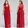 Party Dresses A Line Evening Prom Gown Formal Plus Size Custom Red Zipper Lace Sleeveless V-Neck Floor-Length