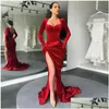 Urban Sexy Dresses 2022 Autumn Winter Women Solid Veet Long Sleeve Ruched Midi Dress Side Slit Bodycon Streetwear Party Elegant Club D Dh9Ax