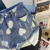 Dames shorts blauw hoge taille liefdespatroon krullen een woord denim shorts vrouwen zomer 2024 nieuwe los brede poten gat y2k shorts y240425