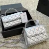 Ladies Designer Shiny Silver Mini Handbag Flap Square Bag Cross Handle 15/19cm Quilted Leather Silver Hardware Matelasse Chain Luxury Evening Bags Shoulder Purse