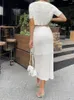 Work Dresses Women White Hollow Out Knitted 2 Piece Set Summer Short Sleeve Round Neck Tops High Waist Wrap Hip Long Skirt Streetwear Suits