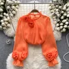 French Shirt Female Design Three-dimensional Flower Bubble Sleeves Age Reducing and Versatile Solid Color Chiffon Shirt Female Long Sleeved 2024 New Top