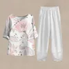 Women's Two Piece Pants Fashion Summer Plants Printed 2 Piece Set High Waist Pants Ladies Outfits Elegant Vintage Spring T-Shirt Pants Female Clothing Y240426