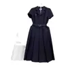 Basic & Casual Dresses Designer Spring/Summer Short sleeved Shirt Spliced with Hundred Pleated Long Skirt Stylish and Fashionable Waist Closing Dress with Belt Skirt