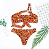 Mulheres femininas femininas de verão leopardo impresso um biquíni de ombro definido push-up sutiã acolchoado maiô de fivela de fivela de metal para