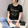 Kadın Tişörtleri Ağır Pırlanta Pamuklu T-Shirt Top Yaz Kısa Kollu Tişört Sıradan Kadın Tees 2024