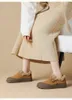 Casual Shoes Women's Winter Warm Long Fur Inside Fashion Solid Khaki Color Woman Designer Suede Leather Slip-On