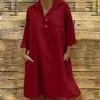 Casual Dresses Summer Solid Color Button Dress Lapel 3/4 Sleeve Pocket Loose Fashion Cotton For Women Elegant Ladies Vestido