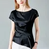 Kvinnors T-skjortor Summer Casual Loose Satin T-shirt Women Ice Silk Bekväma toppar Kvinnliga elegant svart vitt vin kort ärmskjorta 2024