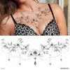 Tattoo Transfer Body Jewel adesivo grande tatuagens temporárias Black Henna Lace Sternum Tattoo Flores aquáticas do peito Rosa Rosa Padrão Mandala 240426