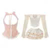 Casual Dresses Kawaii Y2K Women 3 Pieces Sets Sweet Sexy Slim Shirts Pink Lace Up Tops Mini Tutu Skirts Elegant Lolita Outfits 2024