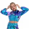 Dames hoodies sweatshirts dames y bijgesneden holografische vrouwen glanzende pu metallic hoody lange mouw kort sweatshirt met dstring pL dh7HW