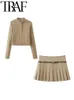 TRAF GAL 2024 Spring Women Bomber Jacket Suits Long Sleeve Slim Coat Female Crop Top Pleated Mini Skirt Sets With Belt Y2k 240425