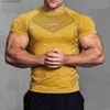 T-shirts voor heren Nieuwe mannen Gym T-shirt Hoge elasticiteit Bodybuilding Fitness Quick droge korte mouwen Mens Sports Casual tops Trend Running T-shirtq240426