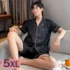 Socks M5xl 2022 New Summer Short Black Plaid Silk Pama for Men 2pc Large 5xl Short Set 3xl Pijama Hombre Loungewear Homewear