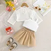 Clothing Sets Summer Baby Girls Long Sleeve Hollow Tops Solid Color Vest Pleated Skirt 3Pcs Suit Children Fashion Kids Outfits