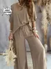 Calça de duas peças femininas Moda de verão Conjunto solto em cintura alta alta de 2 peças calças largas de pernas largas Camiseta V-shirt elegante Conjunto Y240426